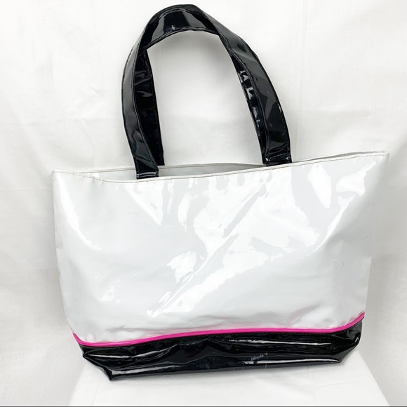 Retro 1960’s Style Vinyl Tote Bag Black White Pink Polka Dot Lining Monogram - Picture 6 of 8